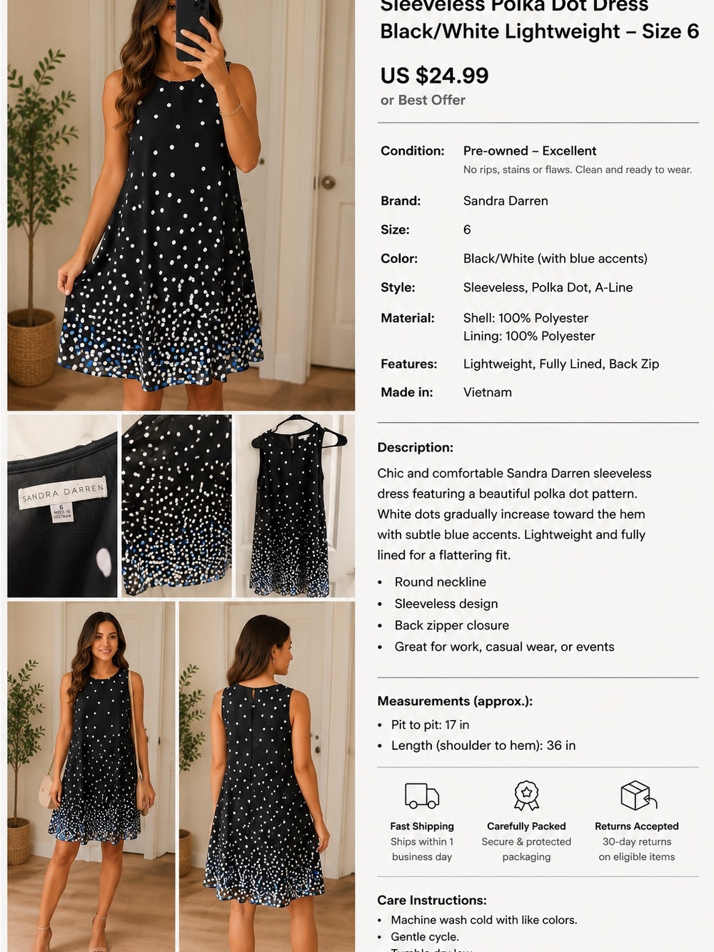 Sandra Darren Black & White Polka Dot Sleeveless Maxi Dress with Blue Accent Hem